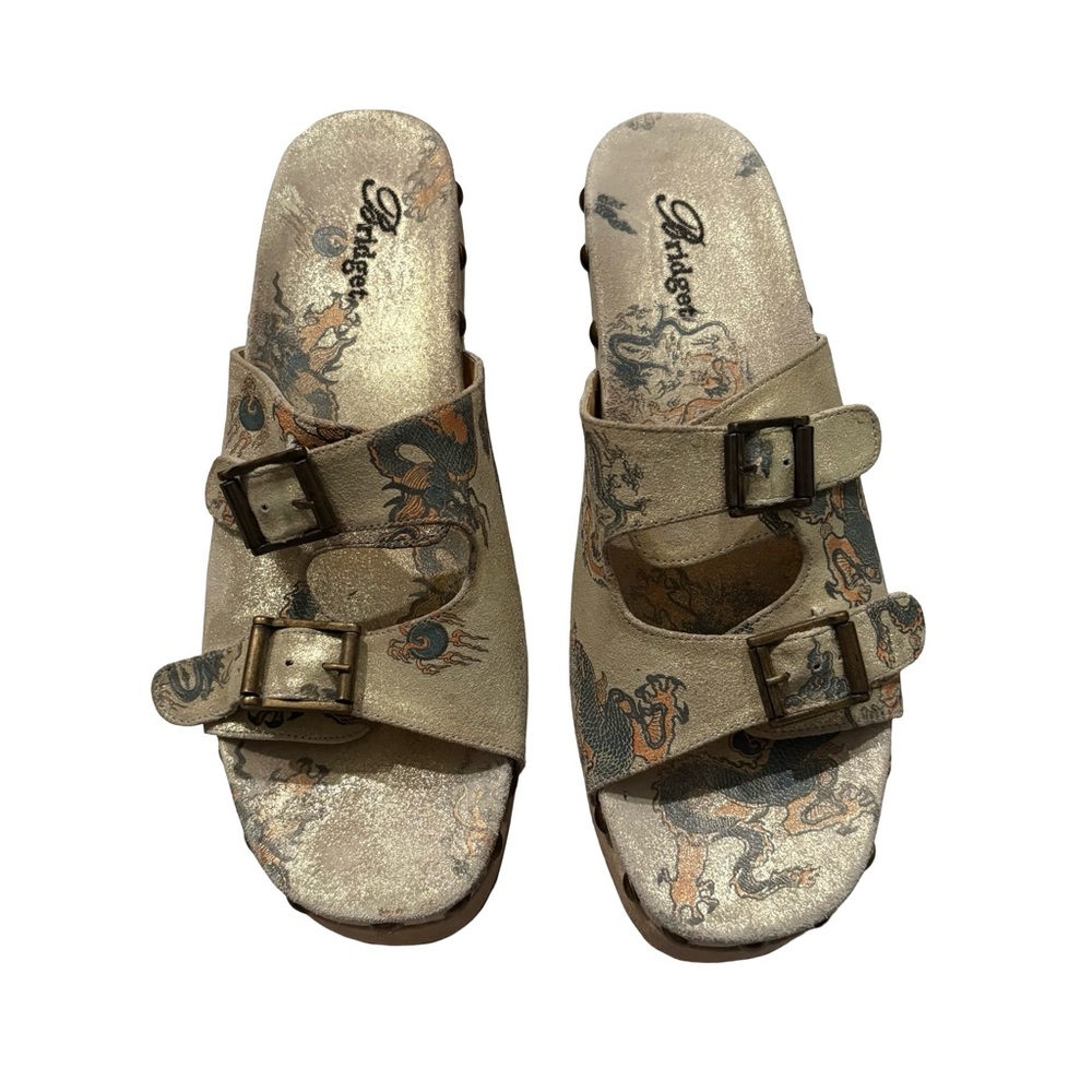 Rare Vtg Bridget Platform Wedge Leather Sandals Dragon Tattoo Print, Sz 9 - Picture 2 of 16
